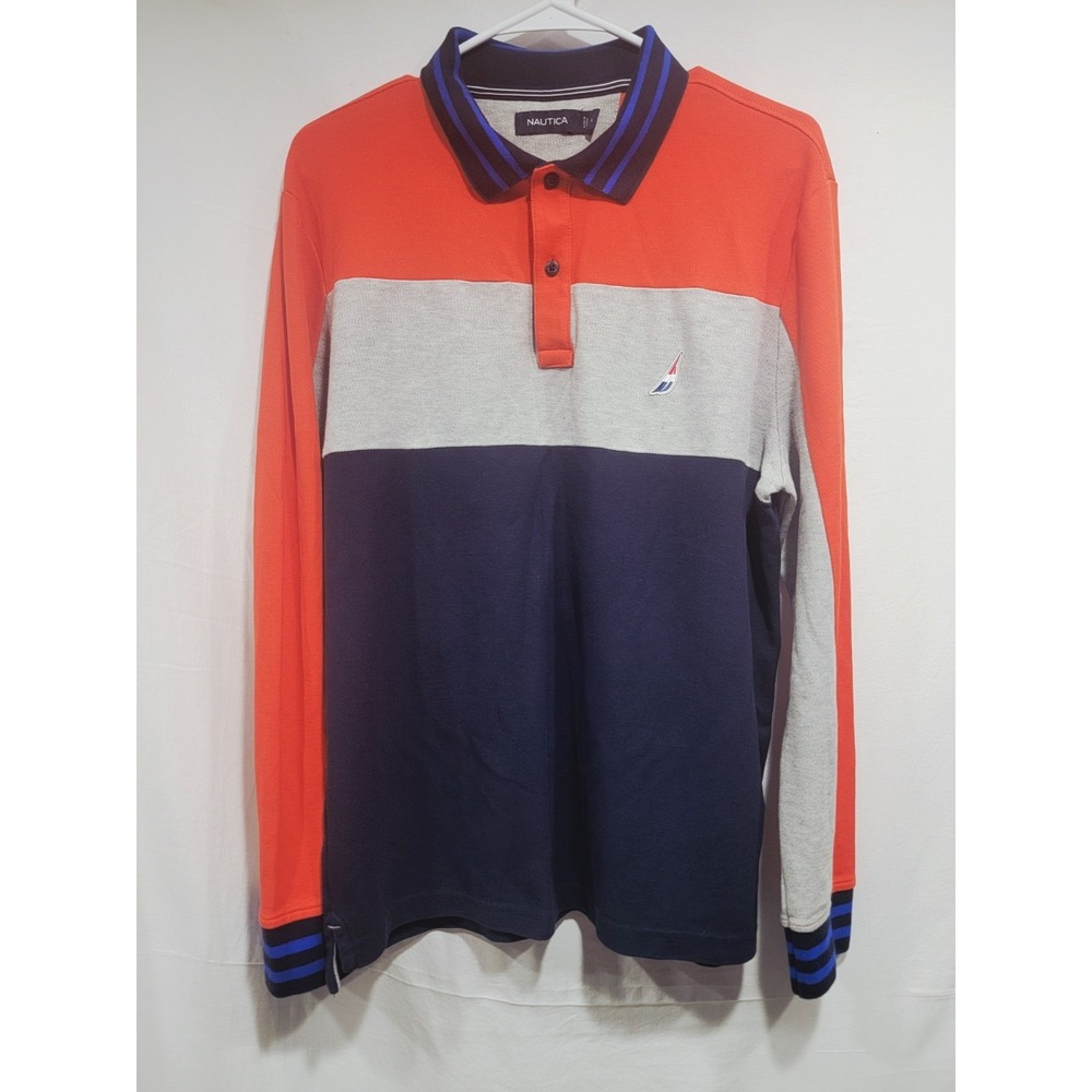 Nautica Rugby Shirt Color Block Polo Mens L Orange Gray Navy Rugby Logo